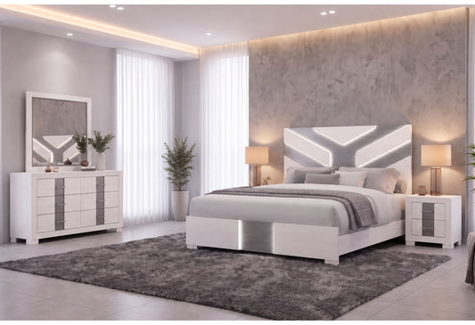 Global Furniture USA Optimus White/Grey King Bed, Dresser, Mirror & Nightstand